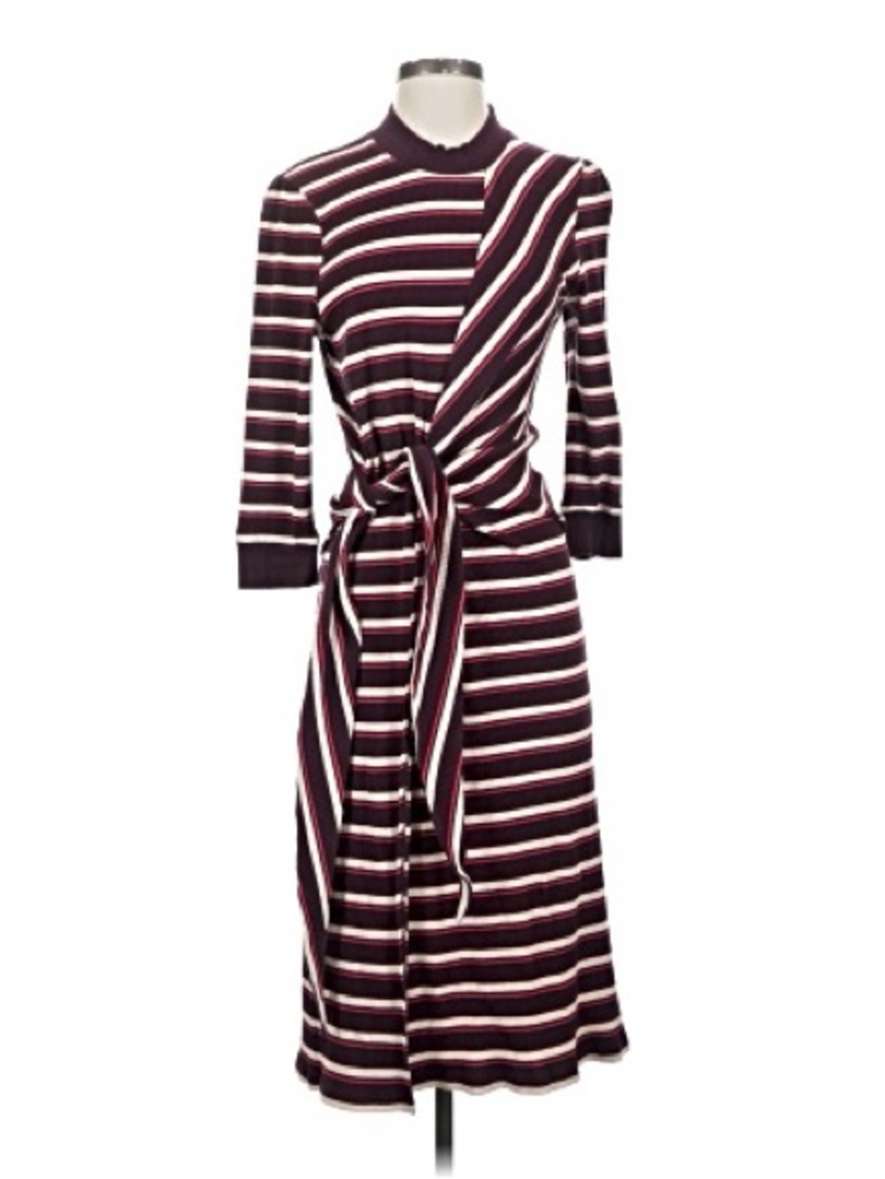 Striped Tie-Detail Midi Dress in Burgundy and Cream